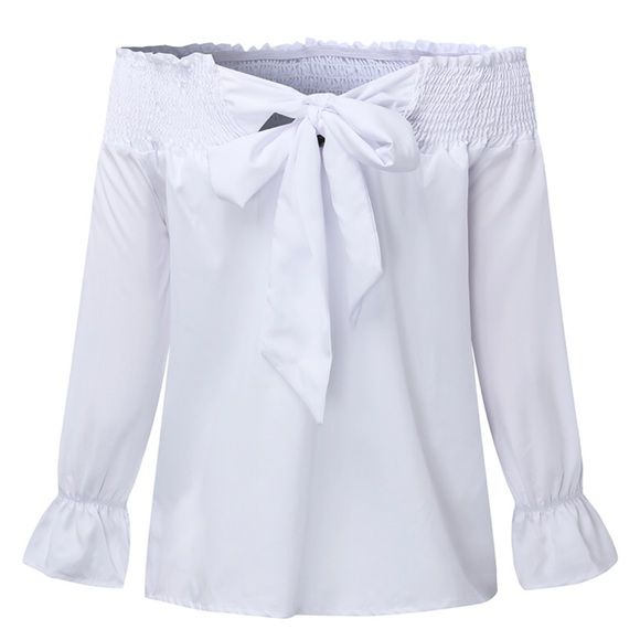 RESTOCKED!! White Off Shoulder Bow Smocked Top - Picture 6 of 7